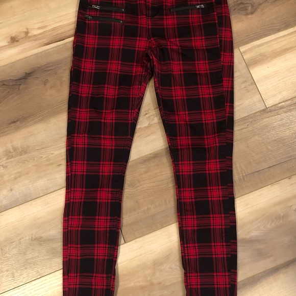 HT DENIM HI-RISE SUPER SKINNY SIZE 1 RED & BLACK PLAID JEANS - Picture 4 of 11